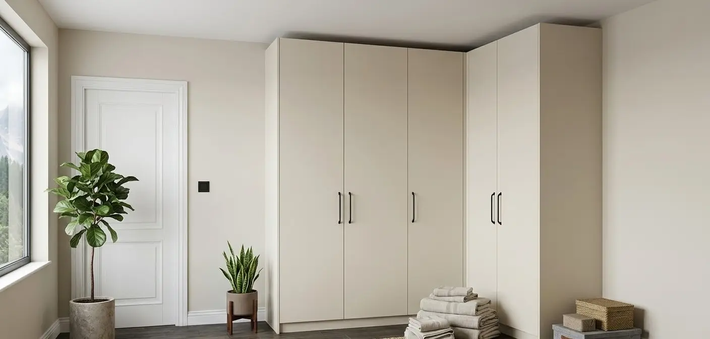 Гардероб по поръчка в Бургас — вграден ъглов гардероб с разпашни врати от пода до тавана