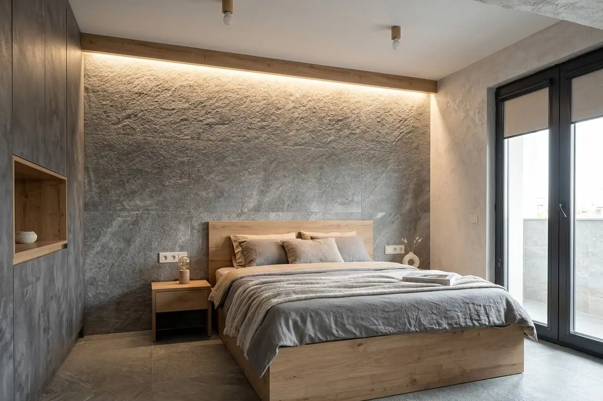 Спалня по поръчка в Бургас — спалня с вградени шкафове и Blum обков