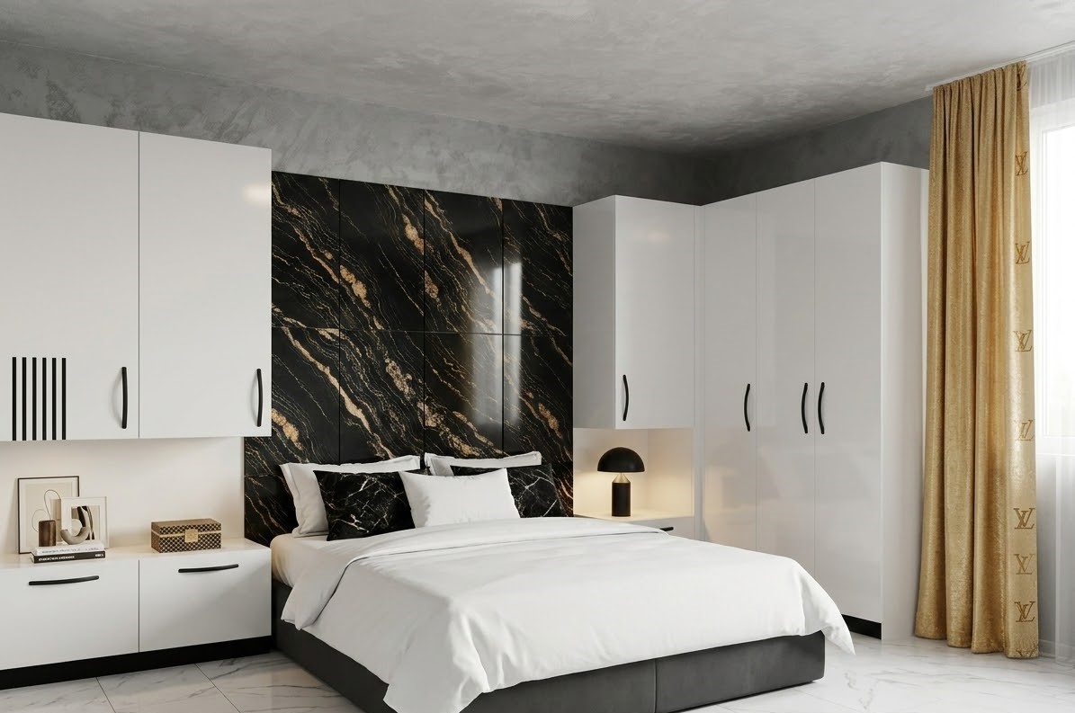 Луксозна спалня по поръчка с бял гардероб и мраморен панел — Бургас
